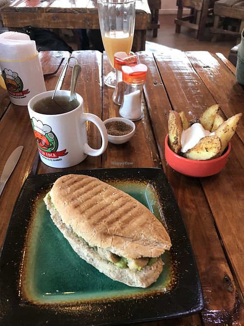 Panini sandwich with pesto sauce and seitan at Lenteja Loca in Puerto Varas