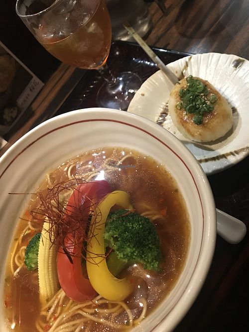 Vegan ramen plus sticky rice appetizer  at Shinjukugyoen Ramen Ouka in Tokyo
