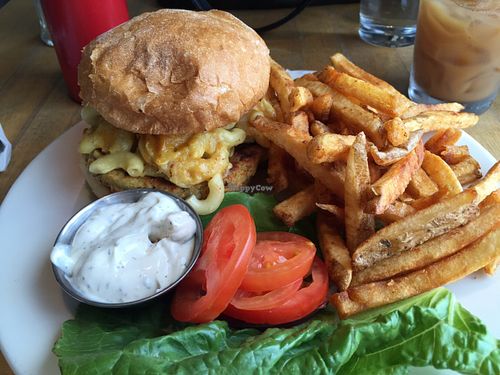 Veggie burger topped with mac n cheez, spicy fries on side.   at Vertical Diner in Salt Lake City