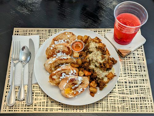 Carrot Butter French Toast, Country Potatoes with Soyrizo and Gravy, Blackberry Gingerade at Vertical Diner in Salt Lake City