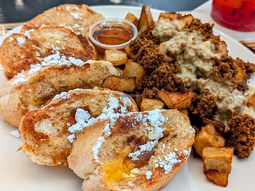 Carrot Butter French Toast, Country Potatoes with Soyrizo and Gravy, Blackberry Gingerade at Vertical Diner in Salt Lake City