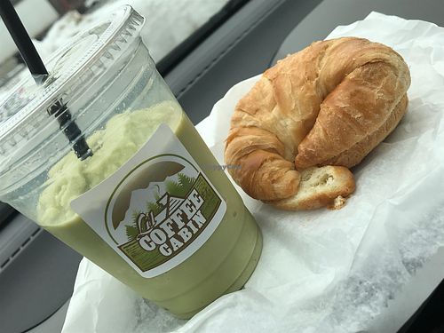 Matcha smoothie with your choice of plant milk and a plain croissant  at Coffee Cabin in Schererville
