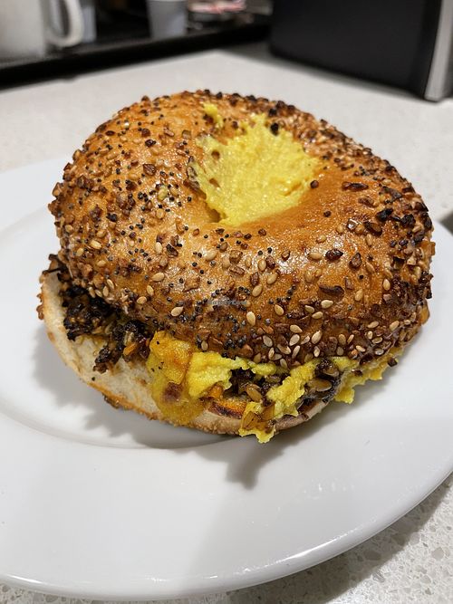 Sausage and egg on everything bagel   at LUHV Vegan Deli in Philadelphia
