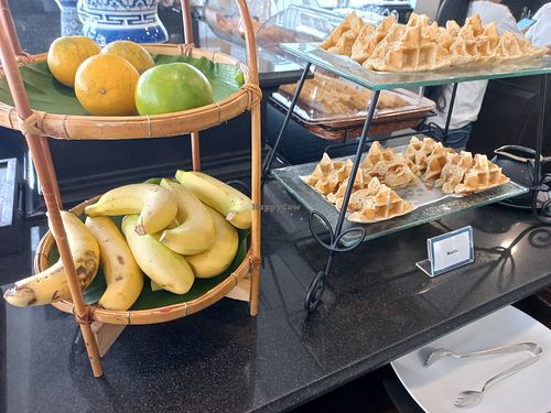 Breakfast buffet plate fruit and waffles at Moreganic Restaurant at Away Chiang Mai Thapae Vegan Retreat in Chiang Mai