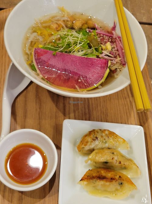 Watermelon radish ramen with side of 3 dumplings at T's Tantan - Ecute Ueno in Tokyo