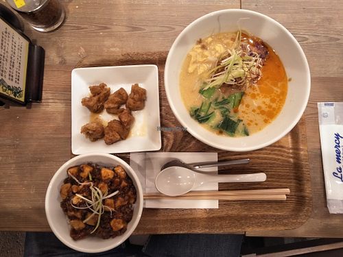 White sesame ramen with soy meat and mapo tofu. at T's Tantan - Ecute Ueno in Tokyo
