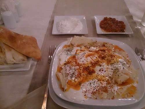 The 'special Kars dish'. Reminded me a bit of lasagnia.
Together with the starters. at Han-I Hanedan Cafe in Kars