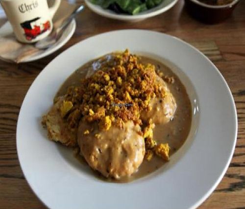 vegan biscuits and gravy: 2 biscuits topped with gravy and scrambled tofu at City O' City in Denver