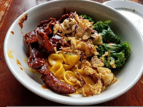 BBQ bowl with seitan, mac & cheese, greens, coleslaw, fried shallots. at City O' City in Denver