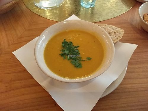 A lovely pumpkin sweetpotato soup with herb topping - delicious... at Hammam Basar in Zurich