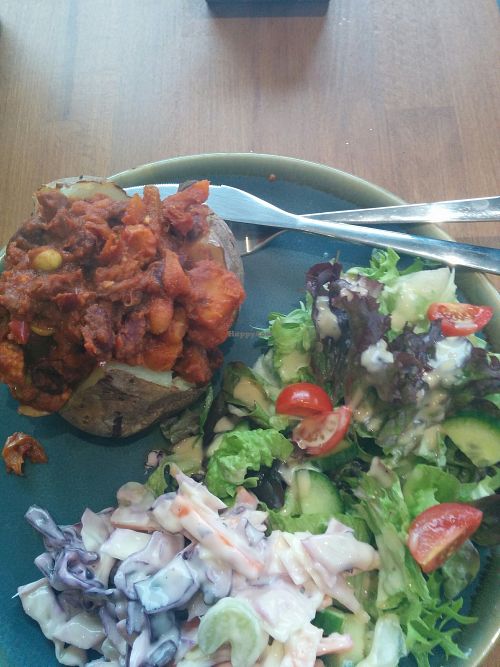 jacket potato topped with veg chili at Acorn Pie and Mash in Leigh-on-sea