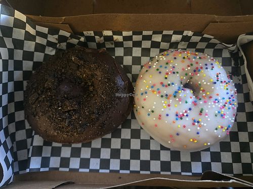 Double Chocolate and Vanilla Sprinkle Cake Donuts 🍩 at Crafted Donuts in Fountain Valley