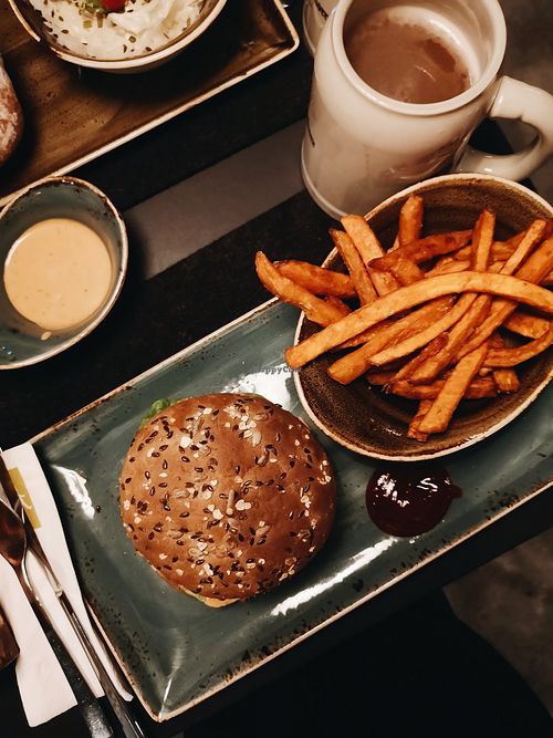 Multi-grain bread, sweet potato fries and weiss beer with hans im glück sauce. at Hans im Glück in Central Singapore