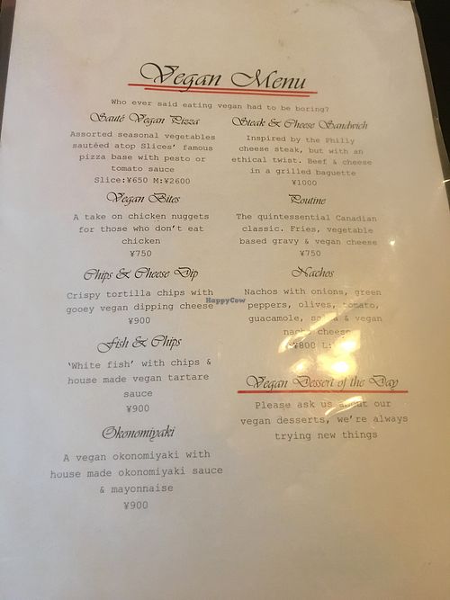 Vegan menu  at Slices in Osaka
