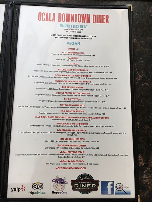 Vegan Menu Page at Ocala's Downtown Diner in Ocala