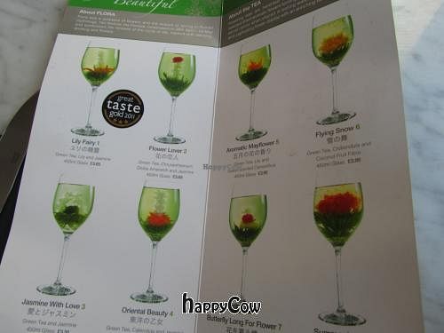 Flora Teas menu, pretty flower teas at Down to Earth in West London