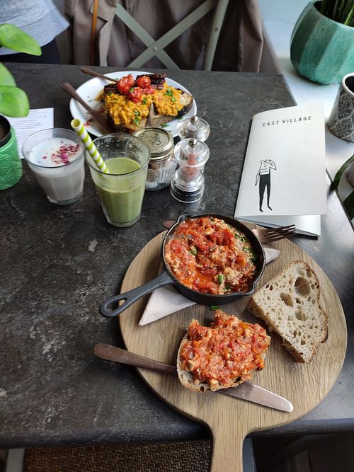 Scrambled tofu on toast with tempeh and shakshuka at East Village Cafe in Bristol