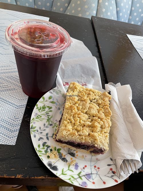 Iced hibiscus tea and berry crumble cake  at Happy Zoe Vegan Bakery in Brooklyn