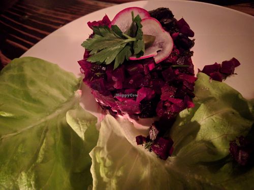 SMOKED BEETS. (CORNICHONS. HORSERADISH CREAM. BUTTER LETTUCE. ) at XYST in New York City