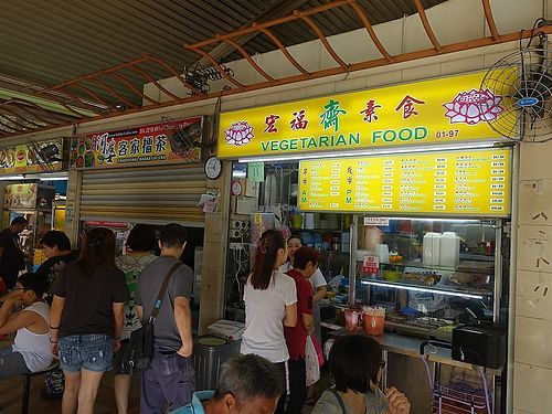 queue in front of stalls during breakfast hours at Hong Fu Vegetarian in West Singapore