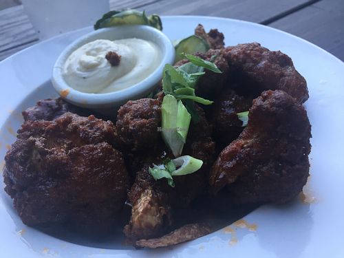 Cauliflower buffalo sauce.. crazy good !! at Three Carrots - Fountain Square in Indianapolis