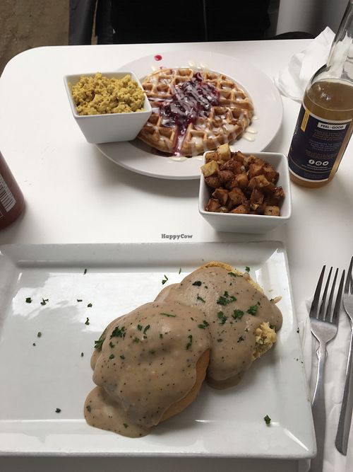 Biscuit & gravy, sweet waffle, tofu scramble, and roasted potatoes at Three Carrots - Fountain Square in Indianapolis