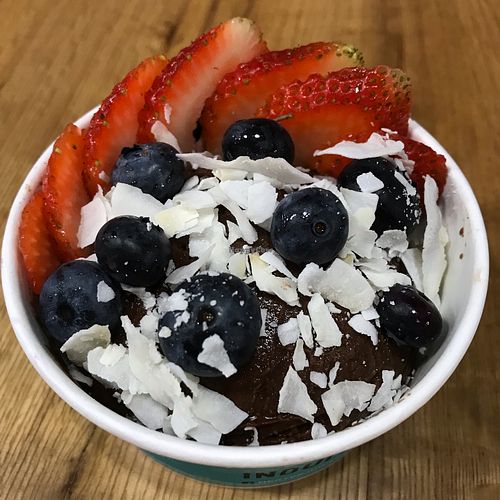 Vegan soft serve chocolate ice cream w toppings at Nekter Juice Bar in Vancouver