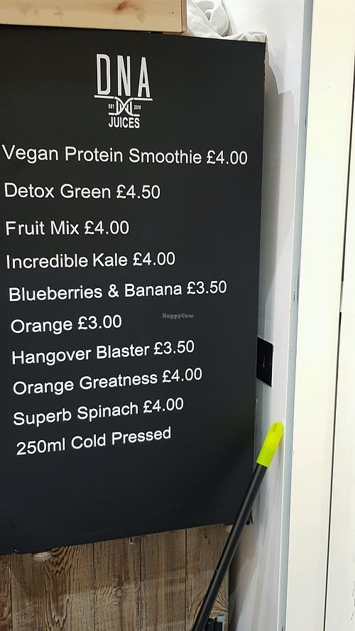 Menu board at DNA Juices in South West London
