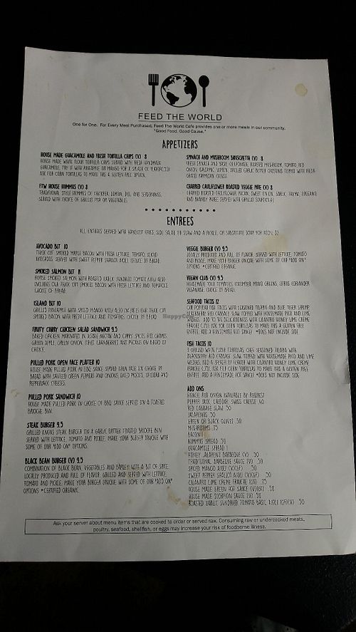 Menu 1/2 at Feed the World Cafe in Kalamazoo