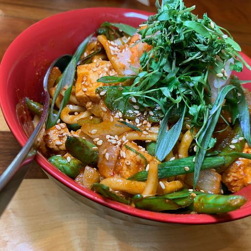 Yaki Udon: Tofu, Vegetables, Pickled Carrots, Radishes, Chili-Lime Soy Sauce (Kalamazoo Vegan Chef Challenge 5/25) at Bell's Brewery in Kalamazoo