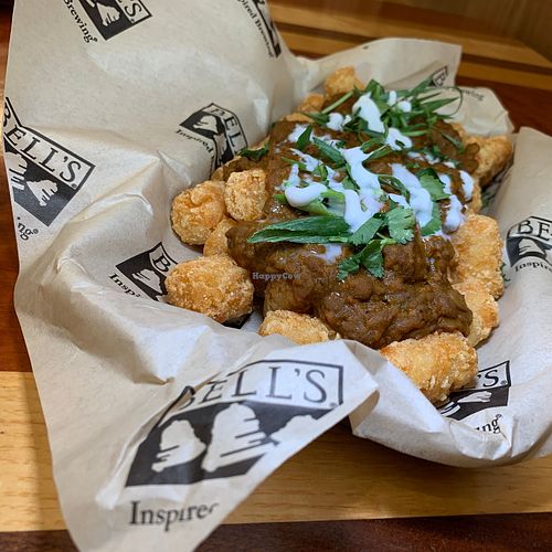 Curry Tots: Yellow Curry, Lentils, Coconut Crema, Cilantro, Green Onions (Kalamazoo Vegan Chef Challenge 5/25) at Bell's Brewery in Kalamazoo