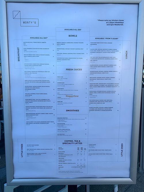 Menu at Monty's Cafe in Scarborough