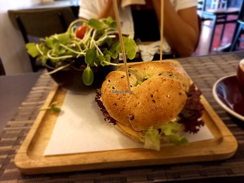 Breakfast bagel with vegan cheese #Veganuary at Goodsouls Kitchen in Chiang Mai