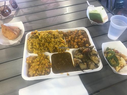 Vegan lunch at spice land =)  The stuff on the bottom left corner of the plate was AMAZING! at Namaste Spiceland in Pasadena