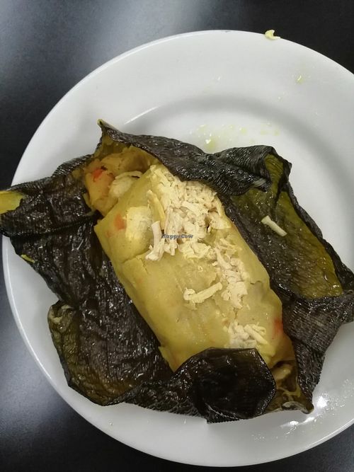 Tamal with soya imitation of chicken at Vida Natural in Medellin
