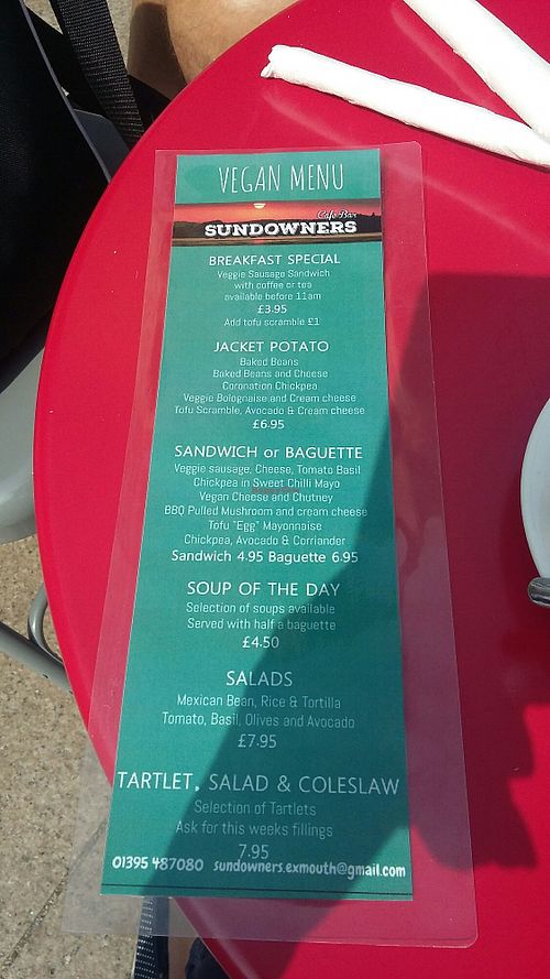 Vegan menu - August 2018 at Sundowners in Exmouth