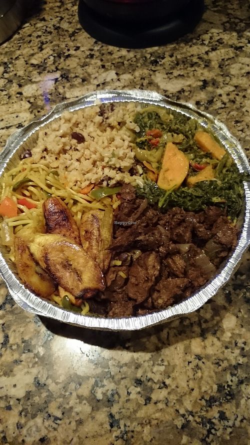 This humongous plater was only $10. It had rice,fried plantains, greens,  BBQ seitan, noodles & some mixed veggies.  at Luvinya-215 in Philadelphia