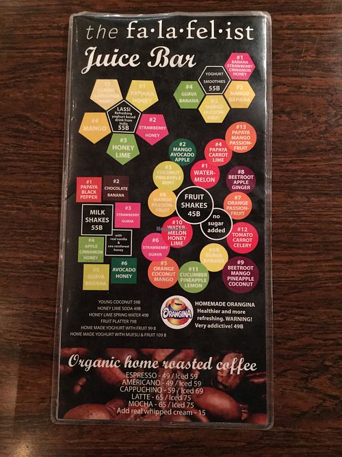 juice bar menu at The Falafelist in Chiang Mai