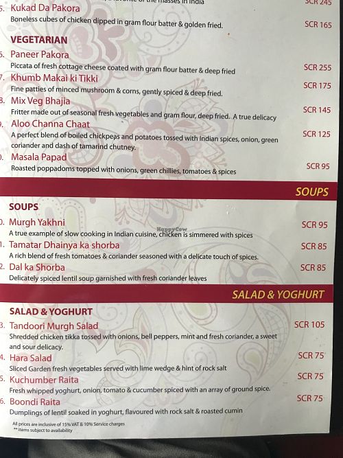 Menu  at The Maharajas in Mahe