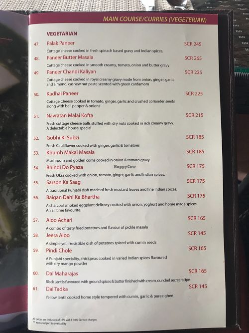 Menu2 at The Maharajas in Mahe