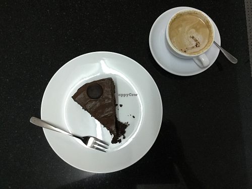 coconut cappuccino + chocolate cake at Alchemy Vegan in Chiang Mai