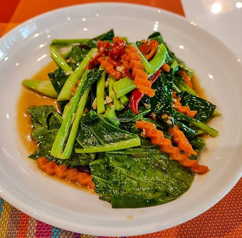 Stir-fried kale without the vegan salted fish. at Yes Vegan in Pattaya
