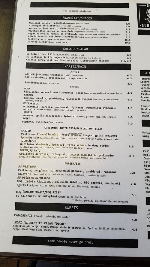 Menu with two vegan items: one tortilla and one starter at Bukowski Bar in Klaipeda