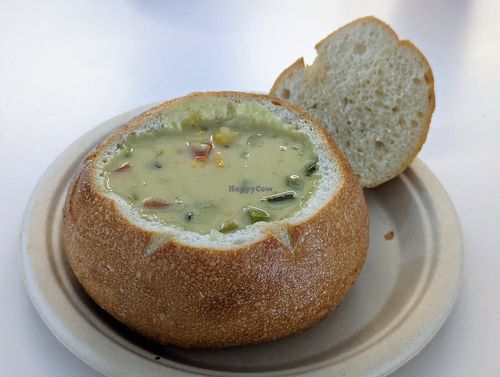 Vegan chowder in a bread bowl at Pike Place Chowder in Seattle