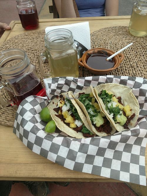 Al Pastor tacos y agua frescas at V Hopes in Ensenada