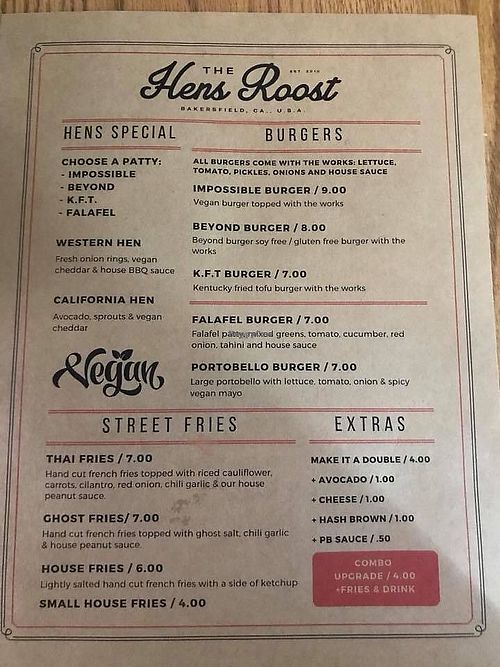 Menu at The Hens Roost in Bakersfield