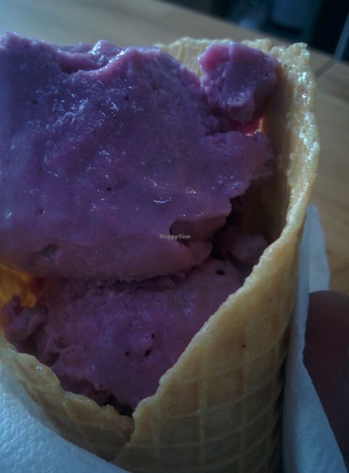 Divinely delicious blueberry lemonade waffle cone at Juice Girl & Over the Moon - 19th St in Houston