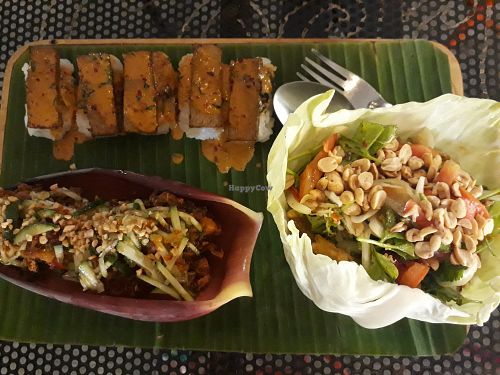 Tofu sushi - banana flower fritters - crispy mushroom salad at V Secret Street Food - Food Stall in Chiang Mai