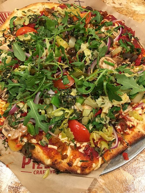 Double dough with vegan cheese and sausage plus all the veggies! at PizzaRev in San Diego