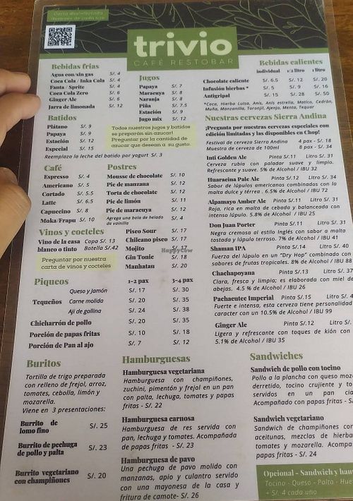 Menu at Trivio Resto Bar in Huaraz